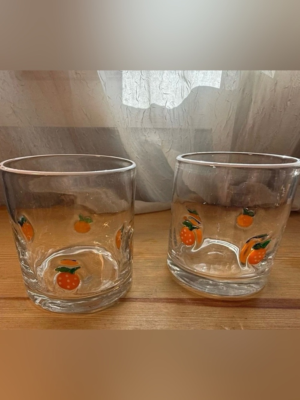 Anthropologie Orange Motif Glass Tumblers - Clear with Orange and Green Accents
